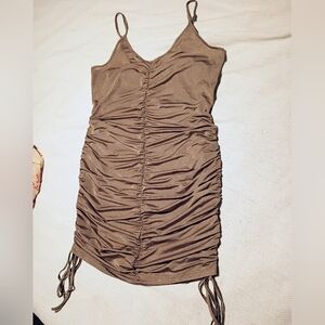 Tan Ruched Mini Dress